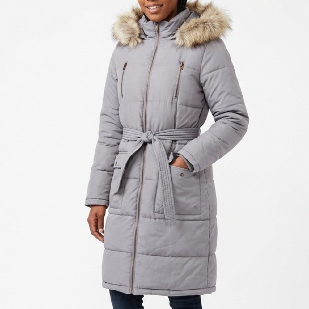 JustFab Puffer Coat Women's Large Gray Belted Faux Fur Hood Winter Full Zip Long